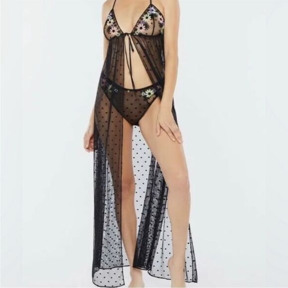 Savage X Fenty Free Spirit Black Floral Embroidered Sheer Night Slip Lingerie - Picture 4 of 16